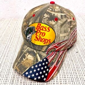 Rare Bass Pro Shops Embroidered Camouflage Flame USA Adjustable Adults Cap‼️